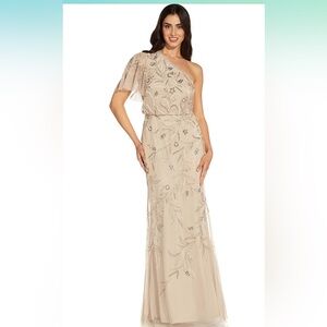 Adrianna Papell Beaded One Shoulder Gown in Biscotti. Size 0 NWT